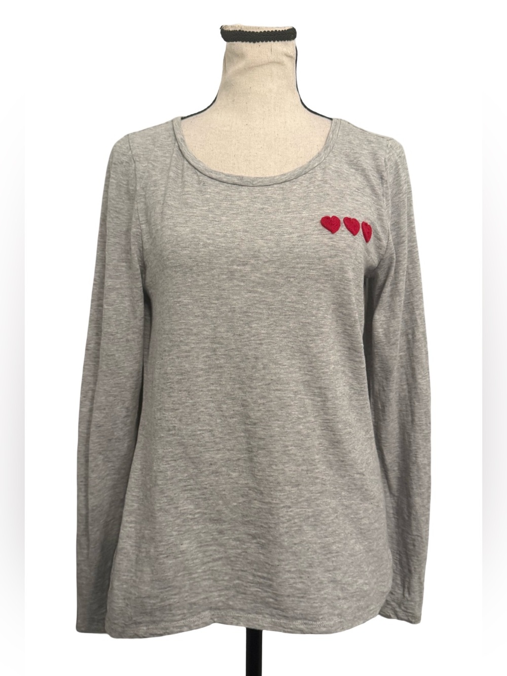LOFT Gray Long Sleeve Heart Detail Top | 100% Cotton | Casual Minimalist S